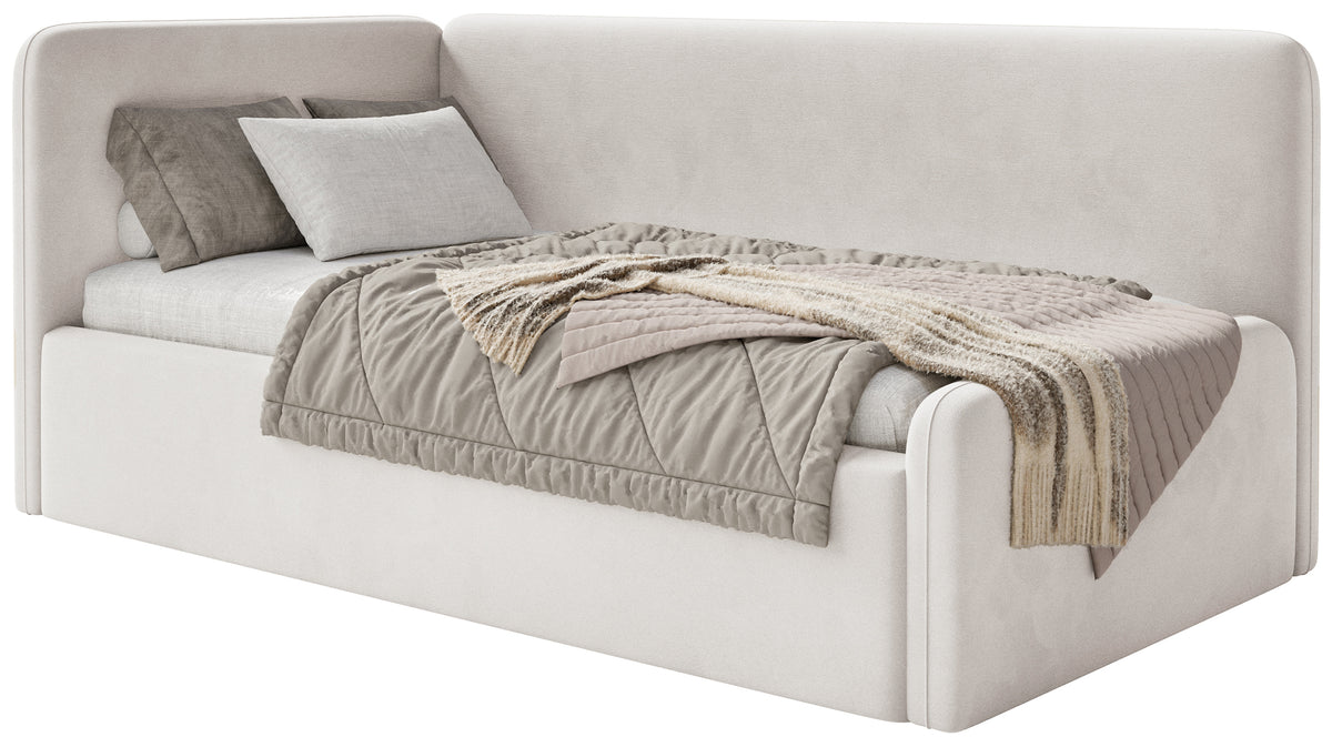 Jugendbett 120x200 cm Fanklo linksseitig mit Matratze und Aufbewahrungsbox, hellbeiger wasserabweisender und pflegeleichter Veloursstoff