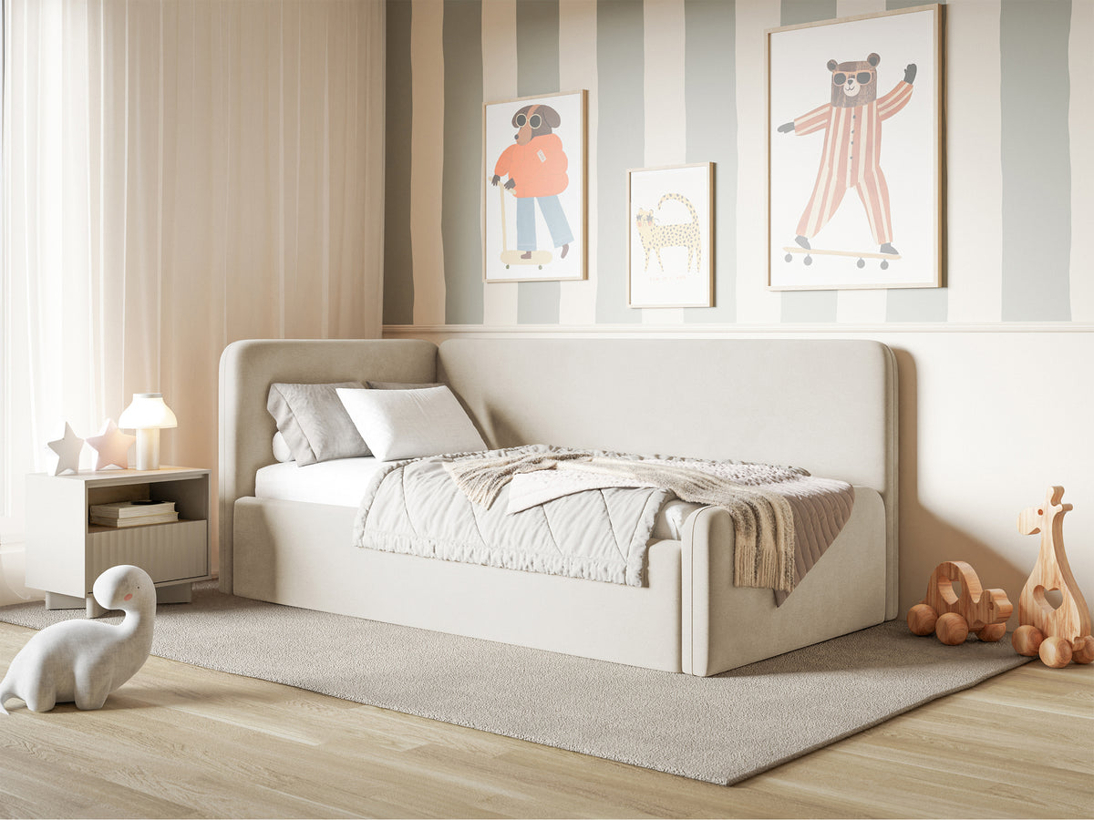 Jugendbett 120x200 cm Fanklo linksseitig mit Matratze und Aufbewahrungsbox, hellbeiger wasserabweisender und pflegeleichter Veloursstoff