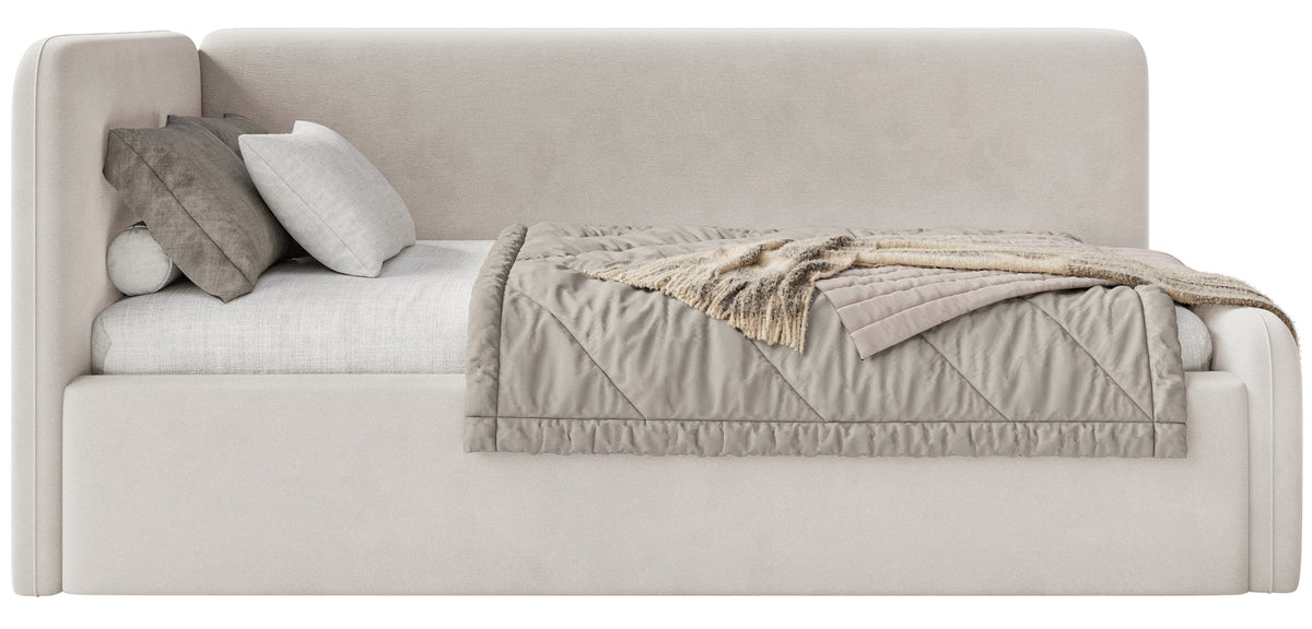 Lit jeune 120x200 cm Fanklo gauche avec matelas et coffre beige clair velours hydrofuge facile à nettoyer