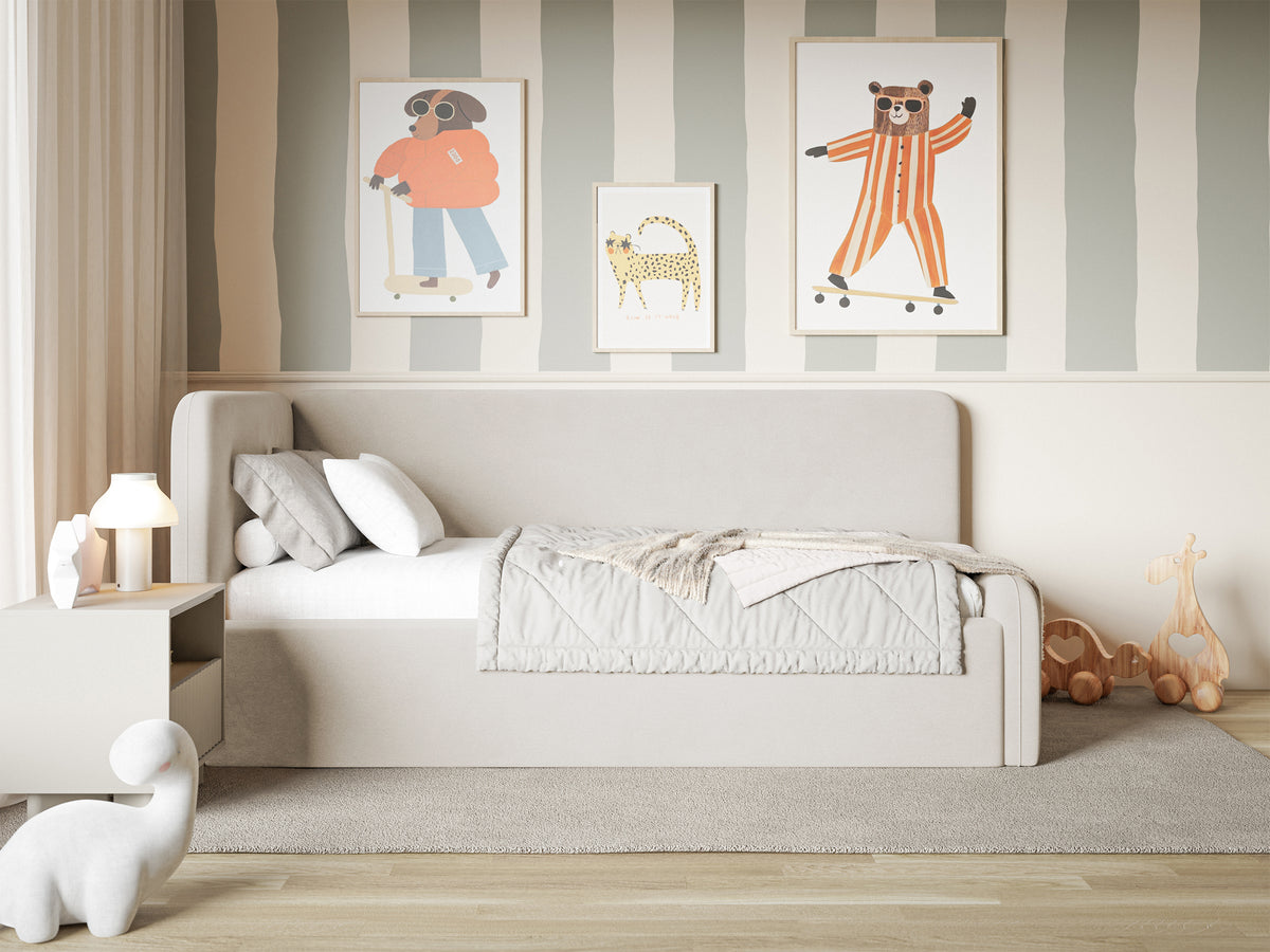 Lit jeune 120x200 cm Fanklo gauche avec matelas et coffre beige clair velours hydrofuge facile à nettoyer