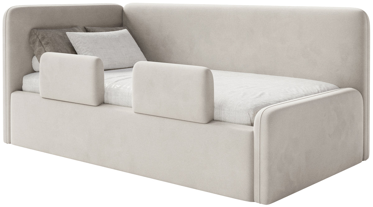 Jugendbett 90x200 cm Fanklo linksseitig mit Matratze, Stauraum und Geländern, hellbeiger Velours, wasserabweisend und leicht zu reinigen