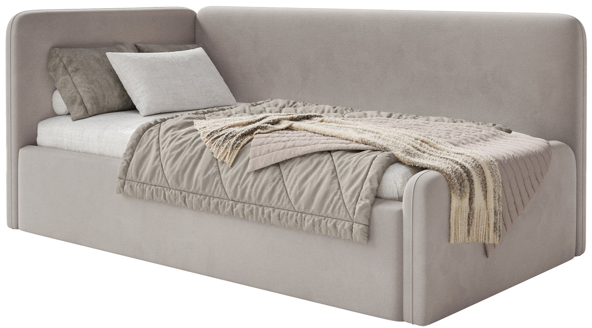 Jugendbett 120x200 cm Fanklo linksseitig mit Stauraum und Geländern, grau-beiger Velours, wasserabweisend und leicht zu reinigen