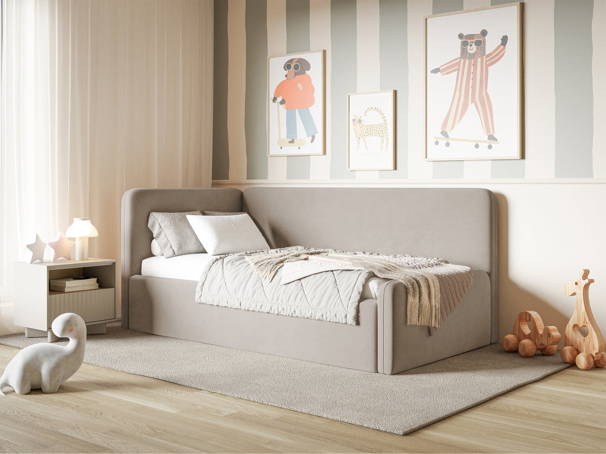 Jugendbett 120x200 cm Fanklo linksseitig mit Stauraum und Geländern, grau-beiger Velours, wasserabweisend und leicht zu reinigen