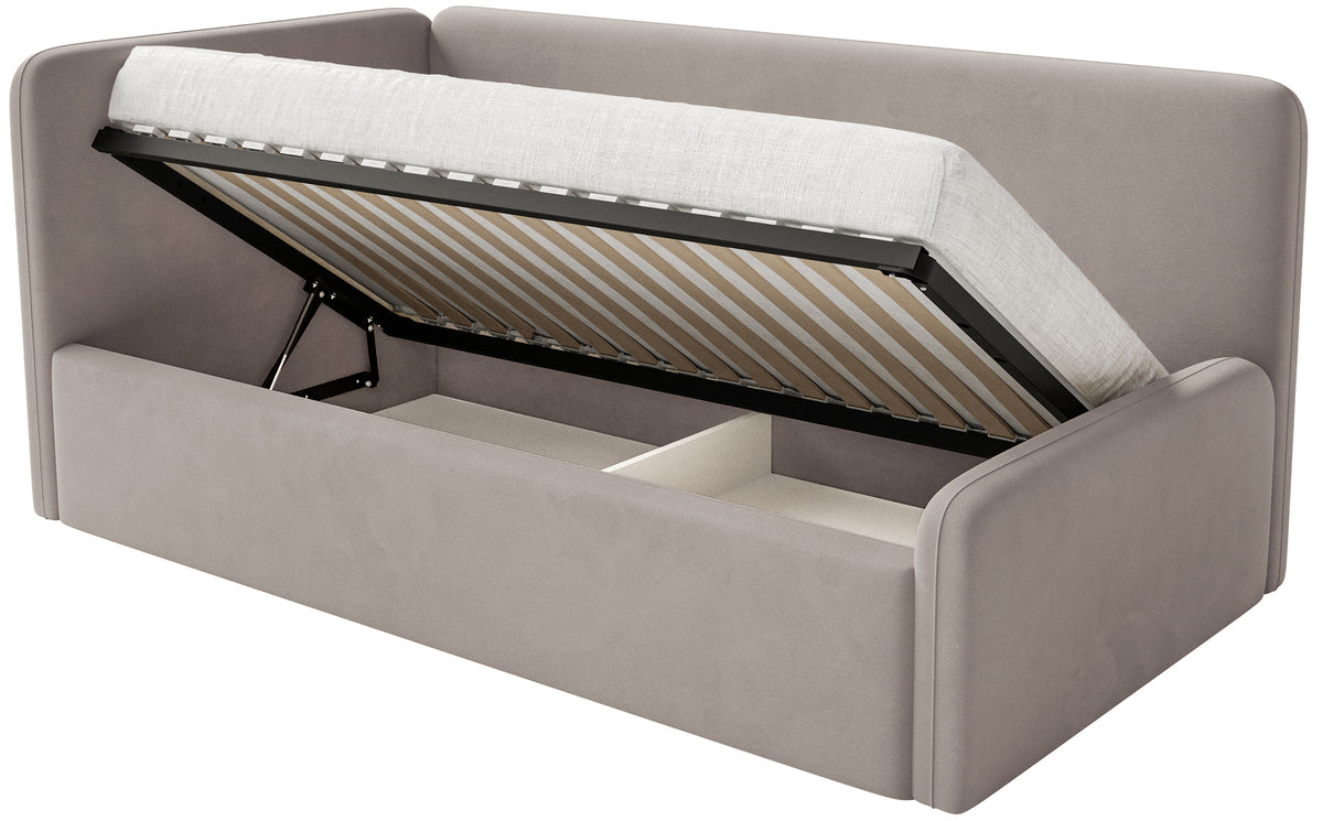 Lit jeune 90x200 cm Fanklo gauche avec rangement et barrières velours hydrofuge gris-beige facile à nettoyer