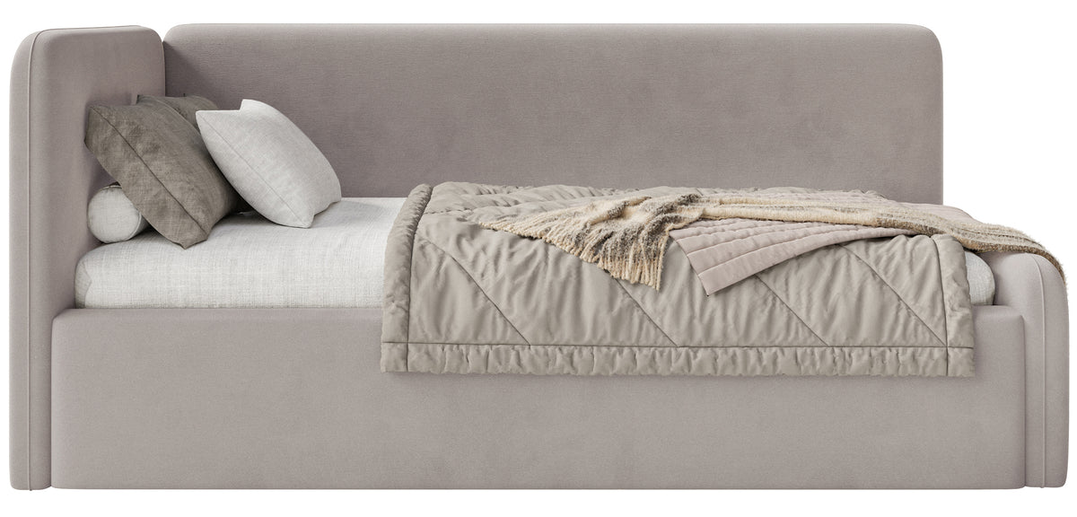 Jugendbett 120x200 cm Fanklo linksseitig mit Stauraum und Geländern, grau-beiger Velours, wasserabweisend und leicht zu reinigen