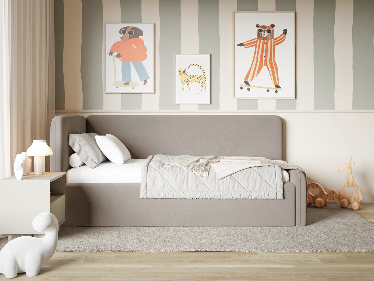 Jugendbett 120x200 cm Fanklo linksseitig mit Stauraum und Geländern, grau-beiger Velours, wasserabweisend und leicht zu reinigen