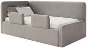 Jugendbett 120x200 cm Fanklo linksseitig mit Stauraum und Geländern, grau-beiger Velours, wasserabweisend und leicht zu reinigen