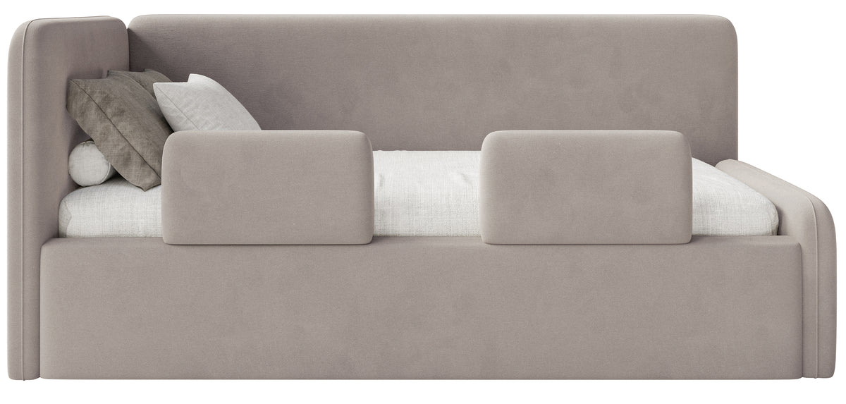 Lit jeune 90x200 cm Fanklo gauche avec rangement et barrières velours hydrofuge gris-beige facile à nettoyer