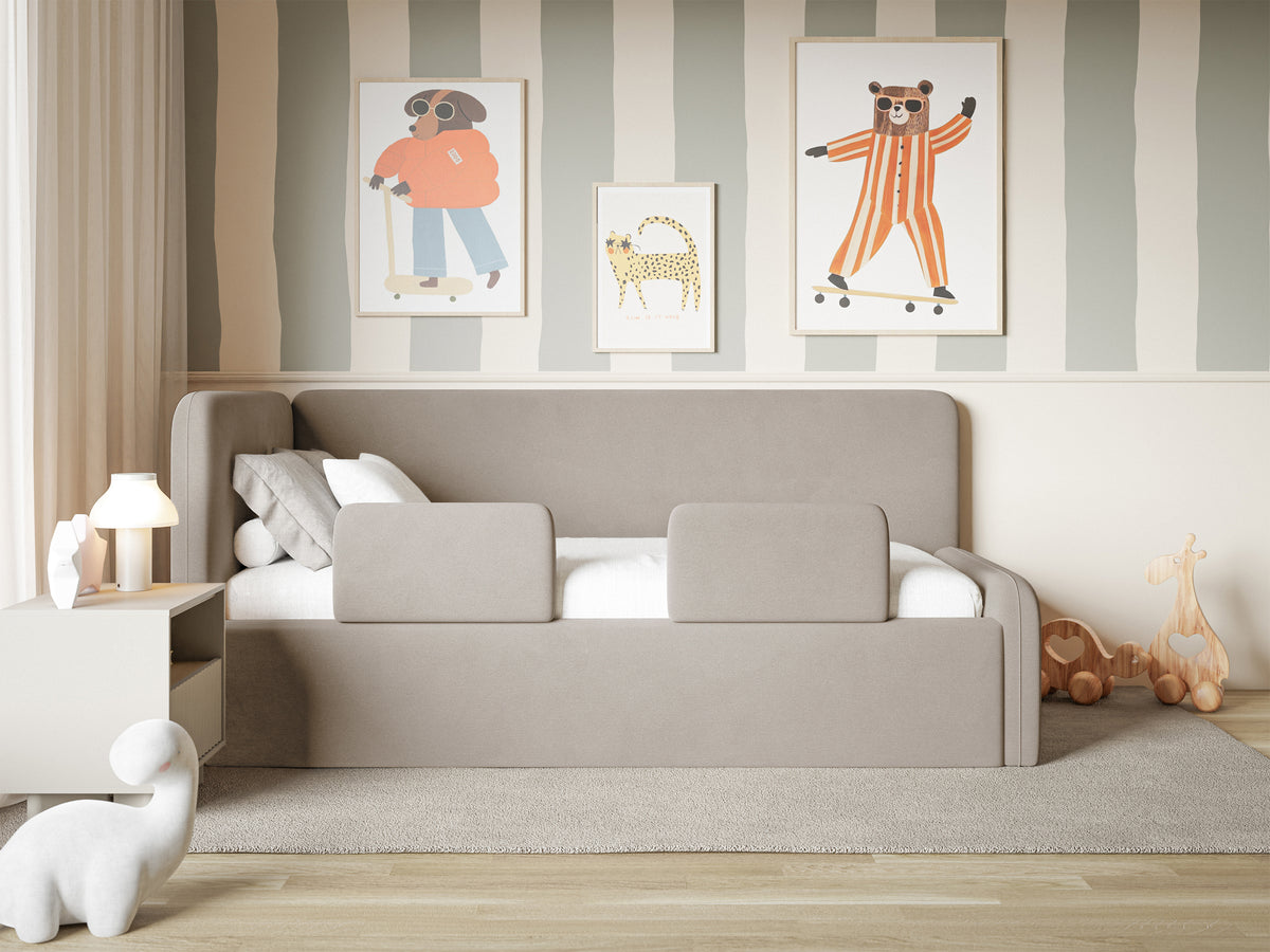 Jugendbett 120x200 cm Fanklo linksseitig mit Stauraum und Geländern, grau-beiger Velours, wasserabweisend und leicht zu reinigen