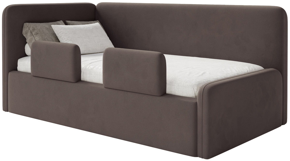 Lit jeune 90x200 cm Fanklo gauche avec rangement et barrières velours hydrofuge marron facile à nettoyer
