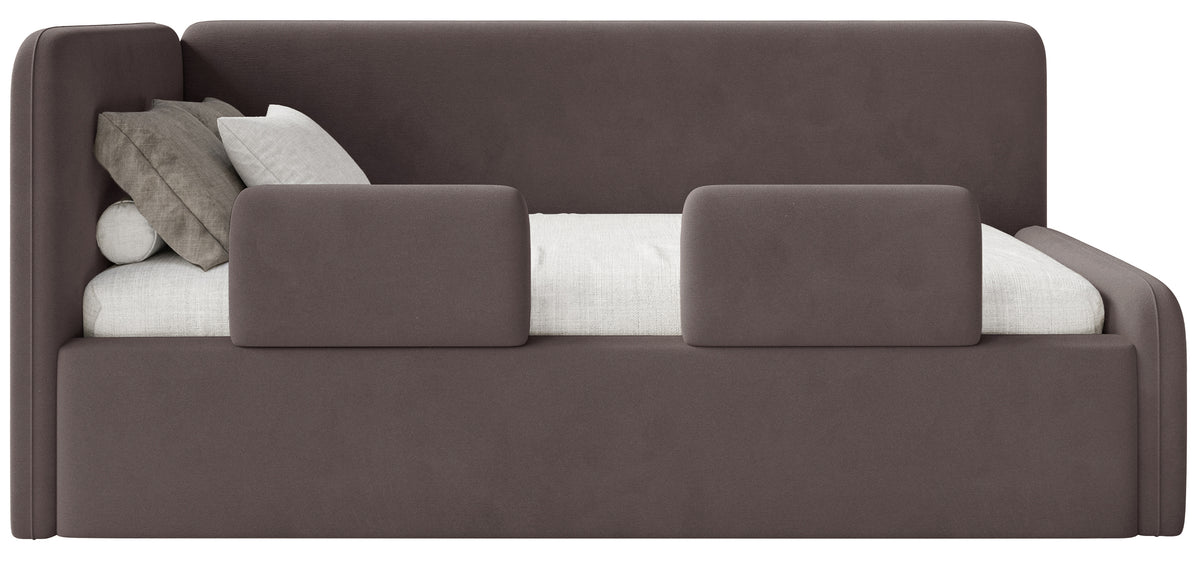 Lit jeune 90x200 cm Fanklo gauche avec rangement et barrières velours hydrofuge marron facile à nettoyer