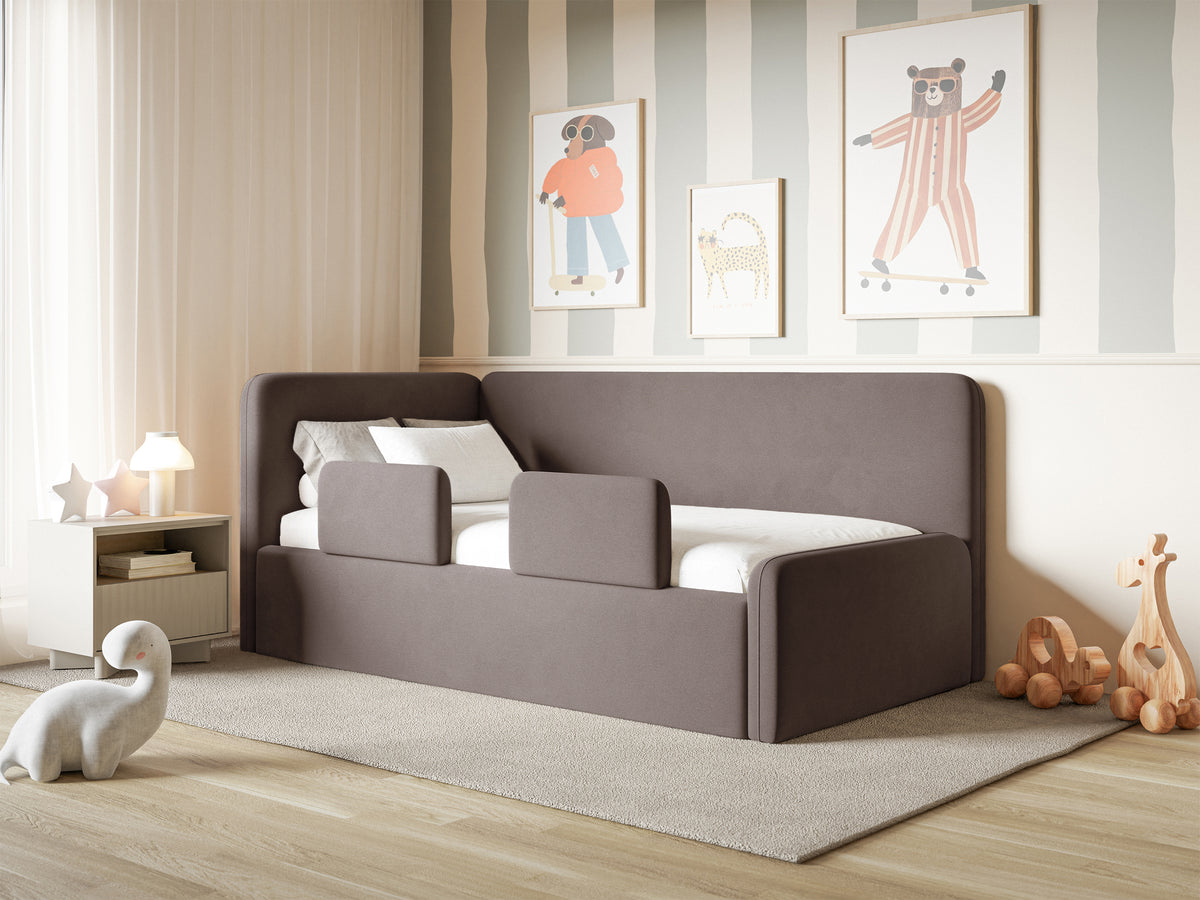 Lit jeune 90x200 cm Fanklo gauche avec rangement et barrières velours hydrofuge marron facile à nettoyer