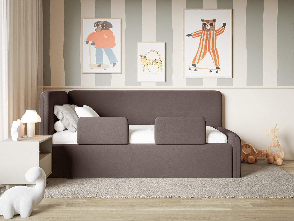 Lit jeune 90x200 cm Fanklo gauche avec rangement et barrières velours hydrofuge marron facile à nettoyer