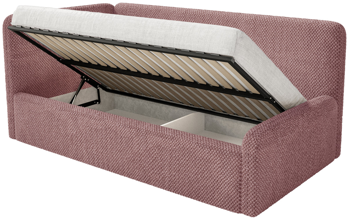 Jugendbett 120x200 cm Fanklo linksseitig mit Matratze, Stauraum und Geländern, rosa Plüsch, wasserabweisend