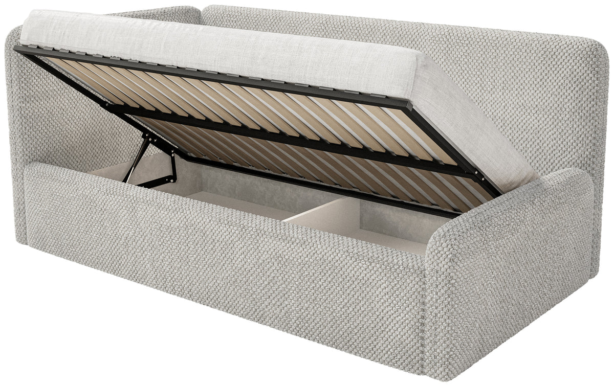 Jugendbett 120x200 cm Fanklo linksseitig mit Stauraum und Geländern, grau-beiges Plüsch, wasserabweisend
