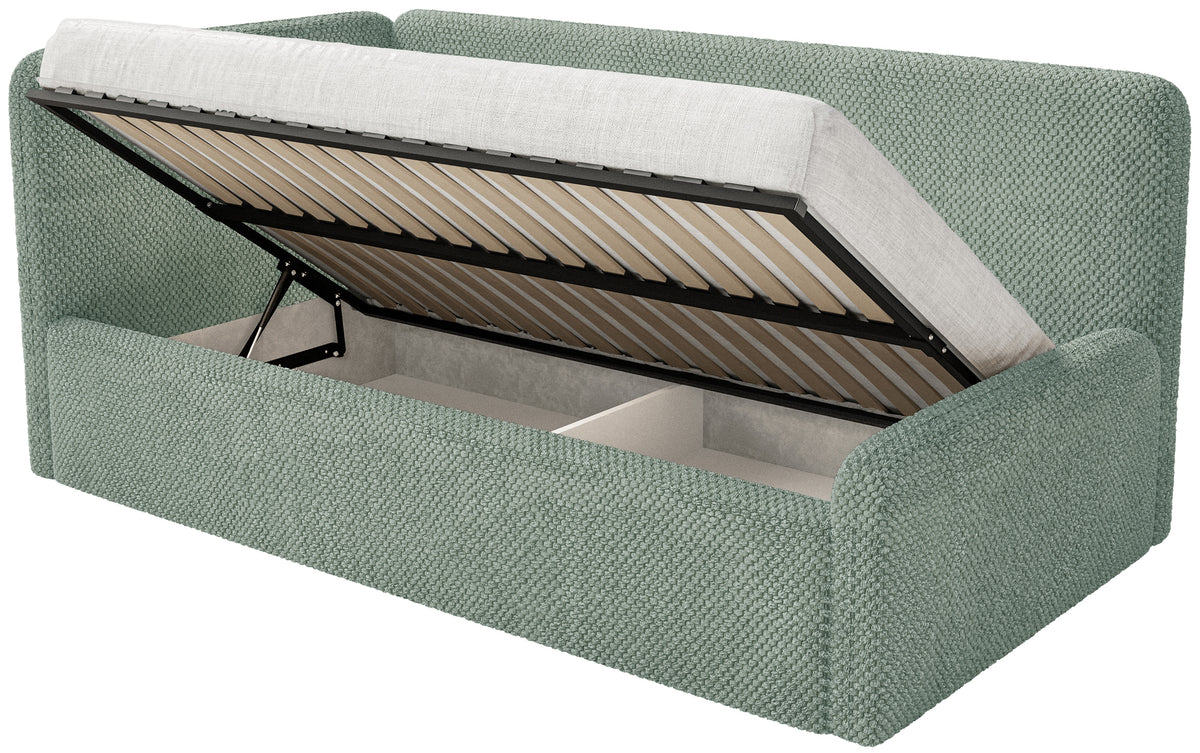 Lit junior 120x200 cm Fanklo gauche avec matelas et rangement velours sauge hydrofuge