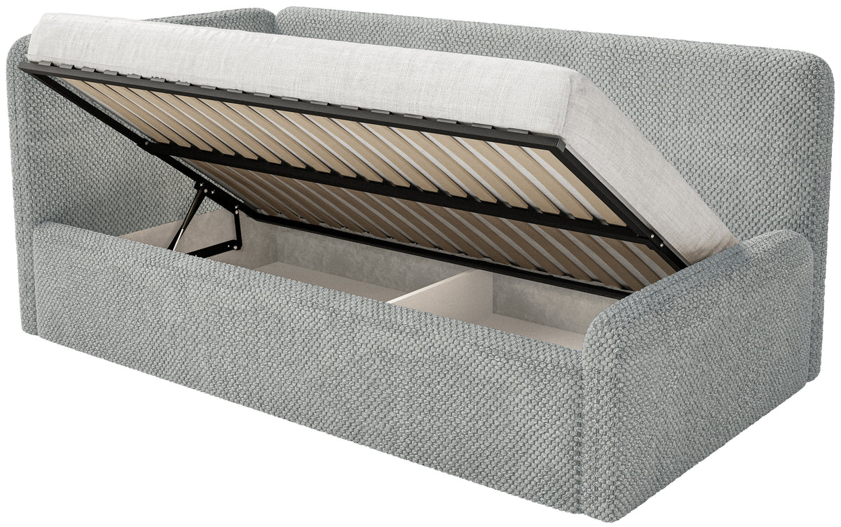 Jugendbett 120x200 cm Fanklo linksseitig mit Stauraum, grauer Plüsch, wasserabweisend
