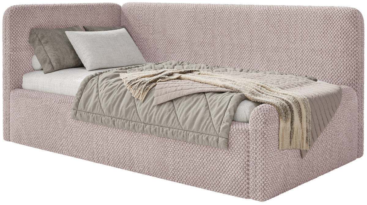 Lit jeune 120x200 cm Fanklo gauche avec rangement, velours hydrofuge rose poudré