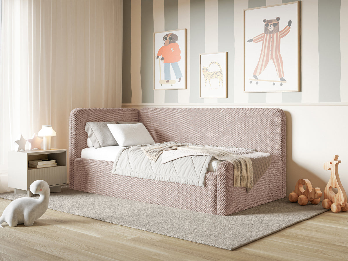 Lit jeune 120x200 cm Fanklo gauche avec rangement, velours hydrofuge rose poudré