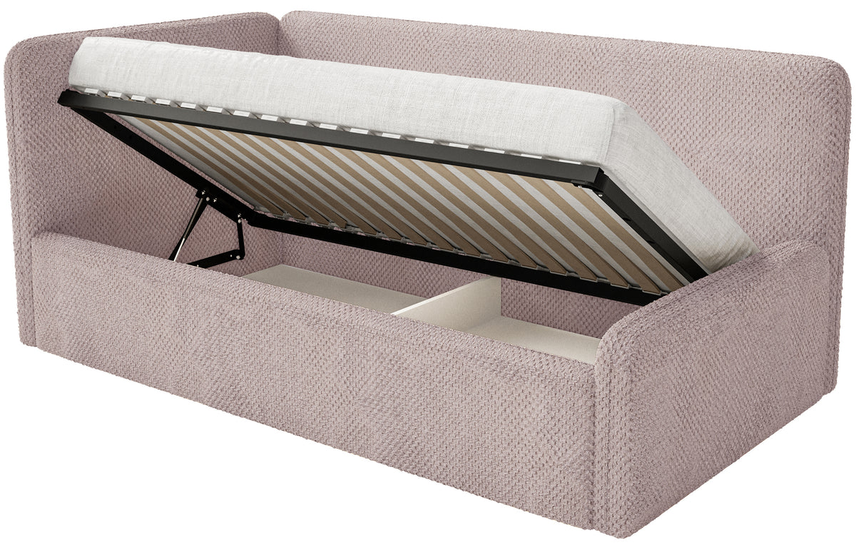 Jugendbett 90x200 cm Fanklo linksseitig mit Matratze und Stauraum, puderrosa Plüsch, wasserabweisend