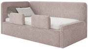 Lit junior 120x200 cm Fanklo gauche avec matelas, rangement et barrières, velours hydrofuge rose poudré