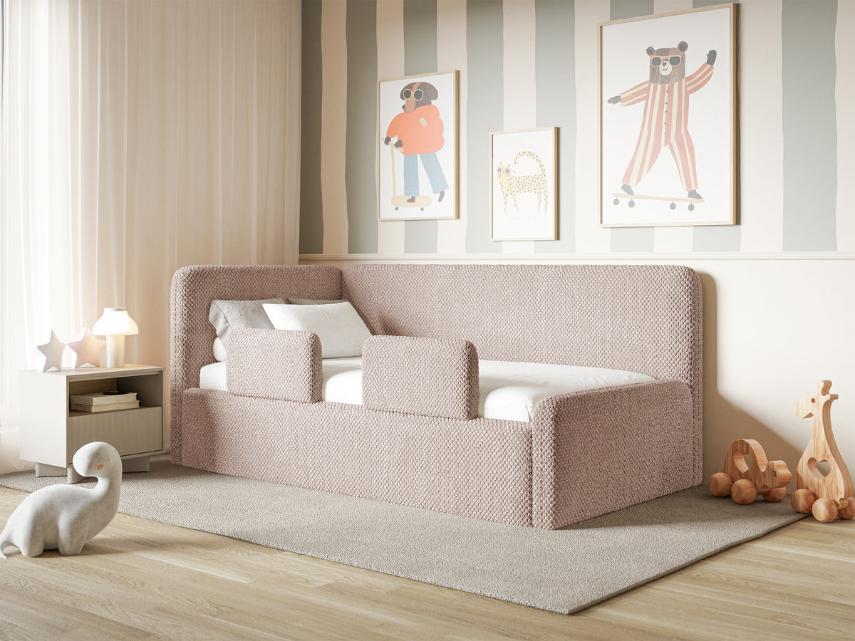 Lit junior 120x200 cm Fanklo gauche avec matelas, rangement et barrières, velours hydrofuge rose poudré