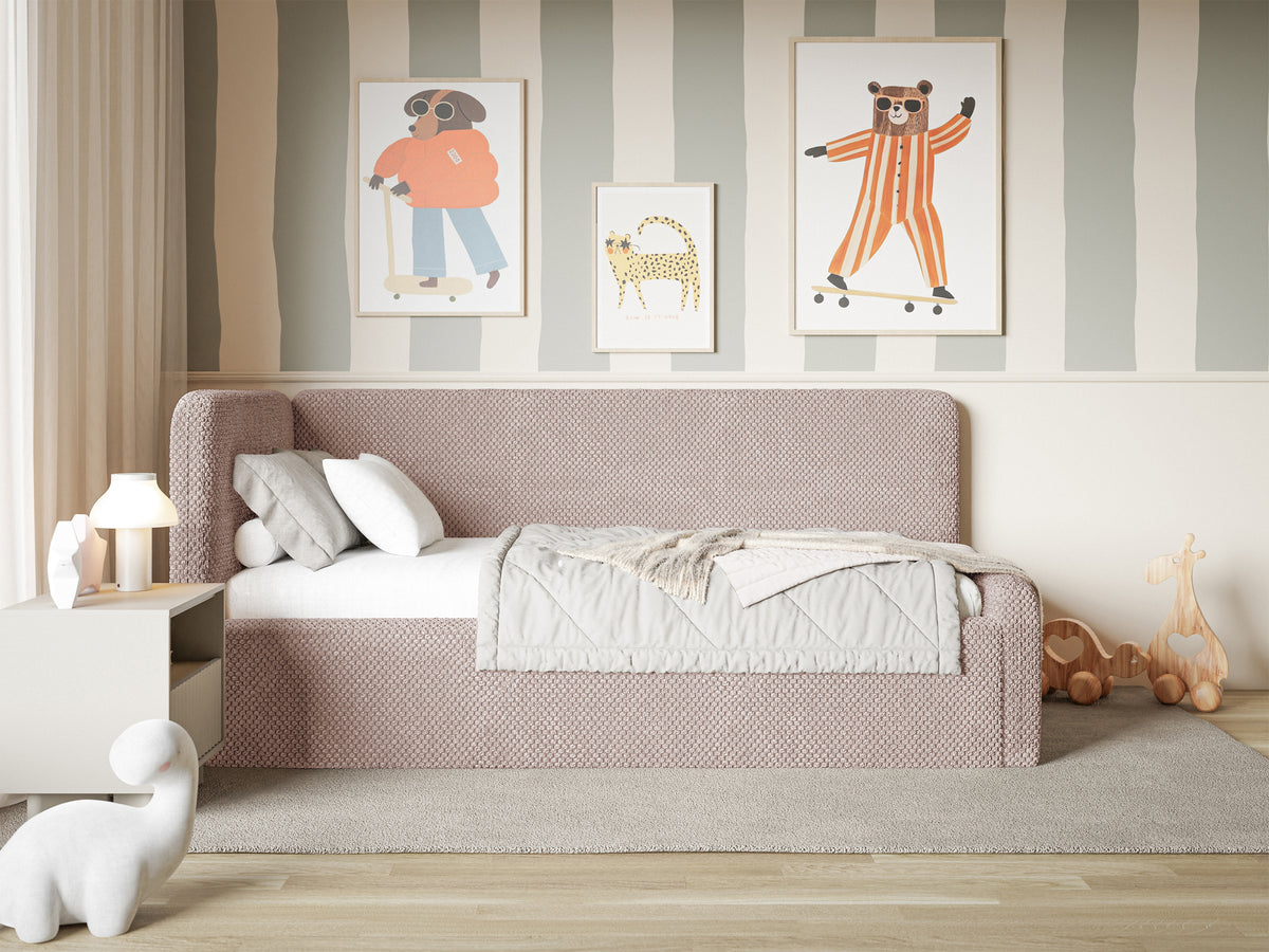 Jugendbett 90x200 cm Fanklo linksseitig mit Matratze und Stauraum, puderrosa Plüsch, wasserabweisend