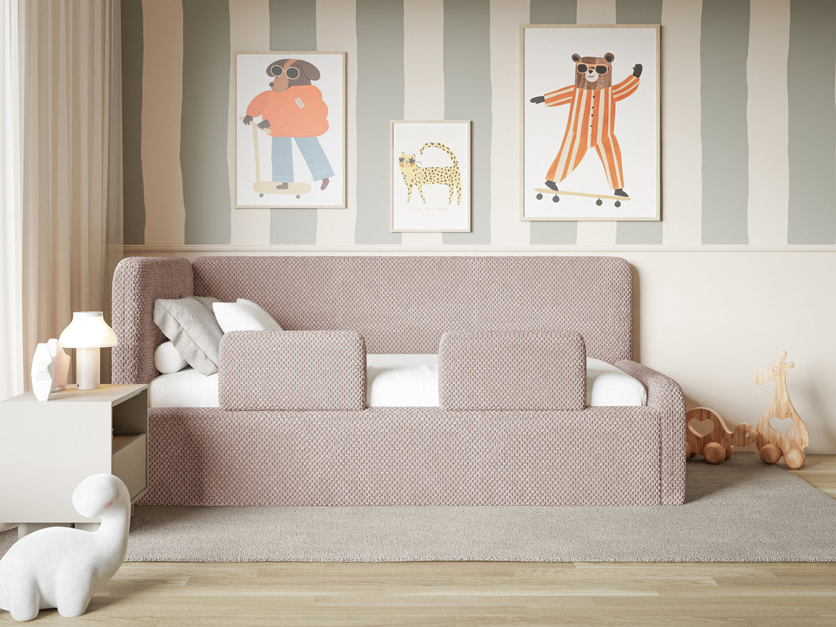 Lit junior 120x200 cm Fanklo gauche avec matelas, rangement et barrières, velours hydrofuge rose poudré