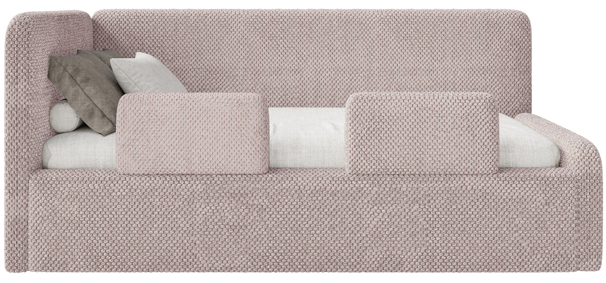 Lit junior 120x200 cm Fanklo gauche avec matelas, rangement et barrières, velours hydrofuge rose poudré