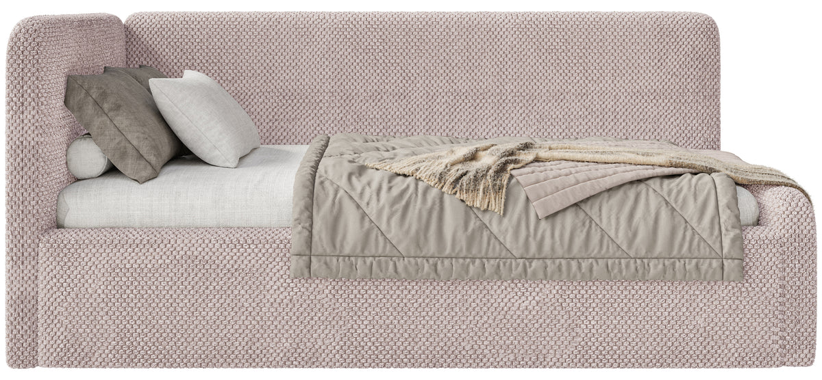 Jugendbett 90x200 cm Fanklo linksseitig mit Matratze und Stauraum, puderrosa Plüsch, wasserabweisend
