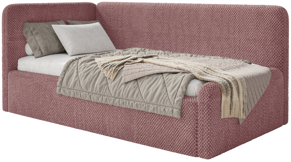 Jugendbett 120x200 cm Fanklo linksseitig mit Matratze, Stauraum und Geländern, rosa Plüsch, wasserabweisend