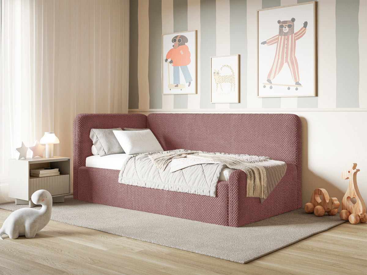 Jugendbett 90x200 cm Fanklo linksseitig mit Stauraum und Geländern, rosa Plüsch, wasserabweisend