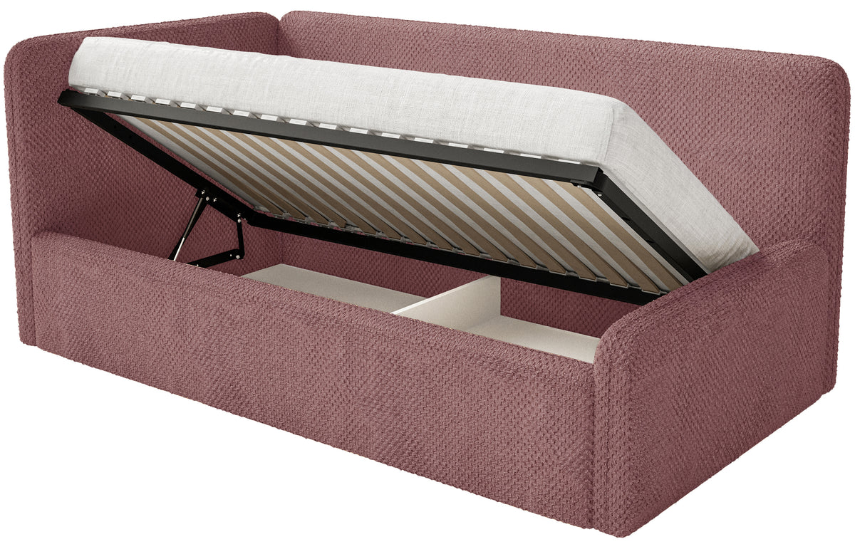 Jugendbett 90x200 cm Fanklo linksseitig mit Stauraum und Geländern, rosa Plüsch, wasserabweisend