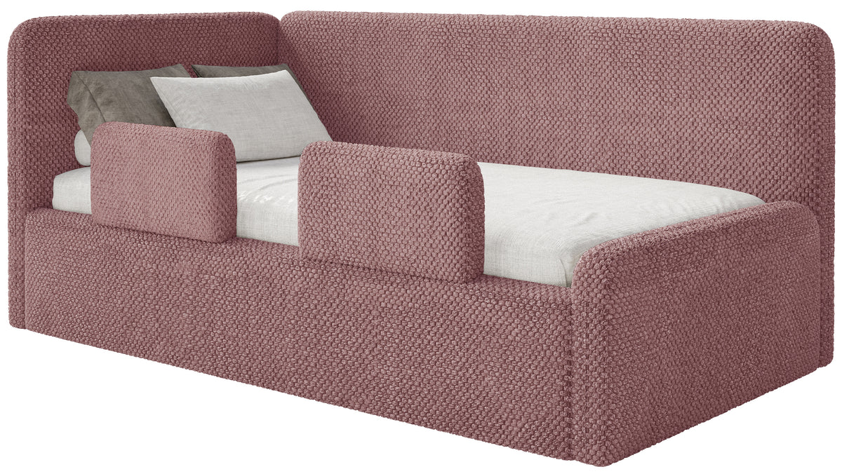 Jugendbett 120x200 cm Fanklo linksseitig mit Matratze, Stauraum und Geländern, rosa Plüsch, wasserabweisend