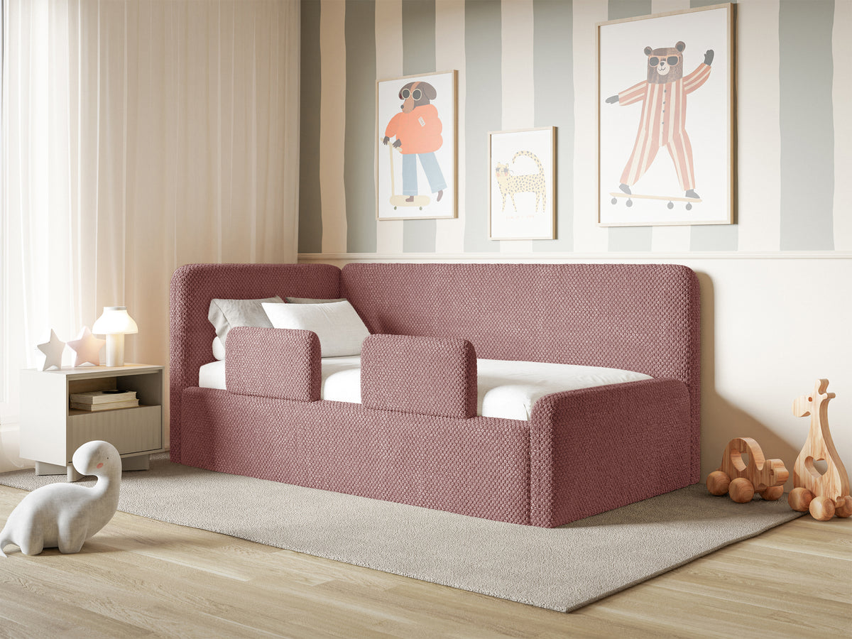 Jugendbett 90x200 cm Fanklo linksseitig mit Stauraum und Geländern, rosa Plüsch, wasserabweisend