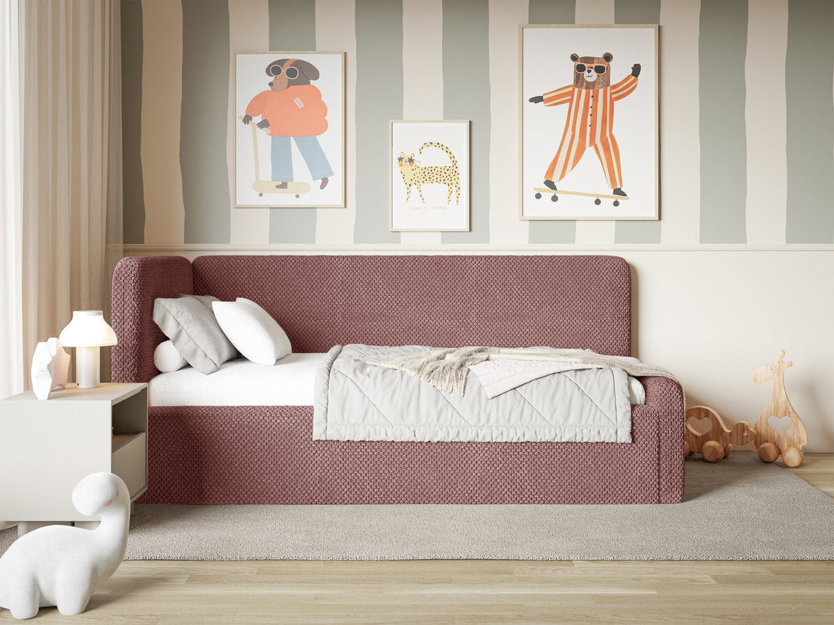 Jugendbett 90x200 cm Fanklo linksseitig mit Stauraum und Geländern, rosa Plüsch, wasserabweisend