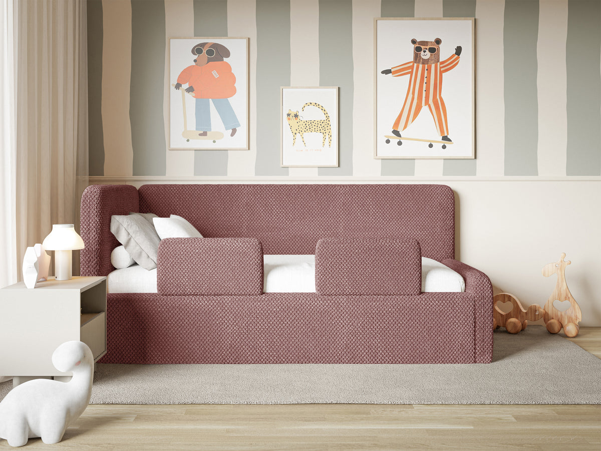 Jugendbett 90x200 cm Fanklo linksseitig mit Stauraum und Geländern, rosa Plüsch, wasserabweisend
