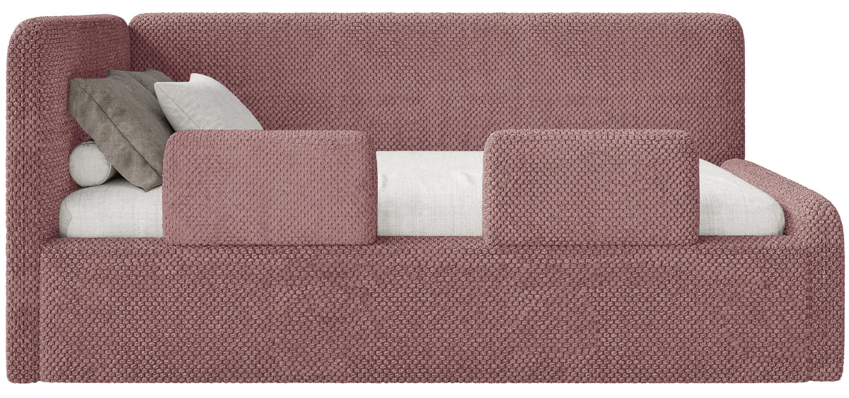 Jugendbett 120x200 cm Fanklo linksseitig mit Matratze, Stauraum und Geländern, rosa Plüsch, wasserabweisend