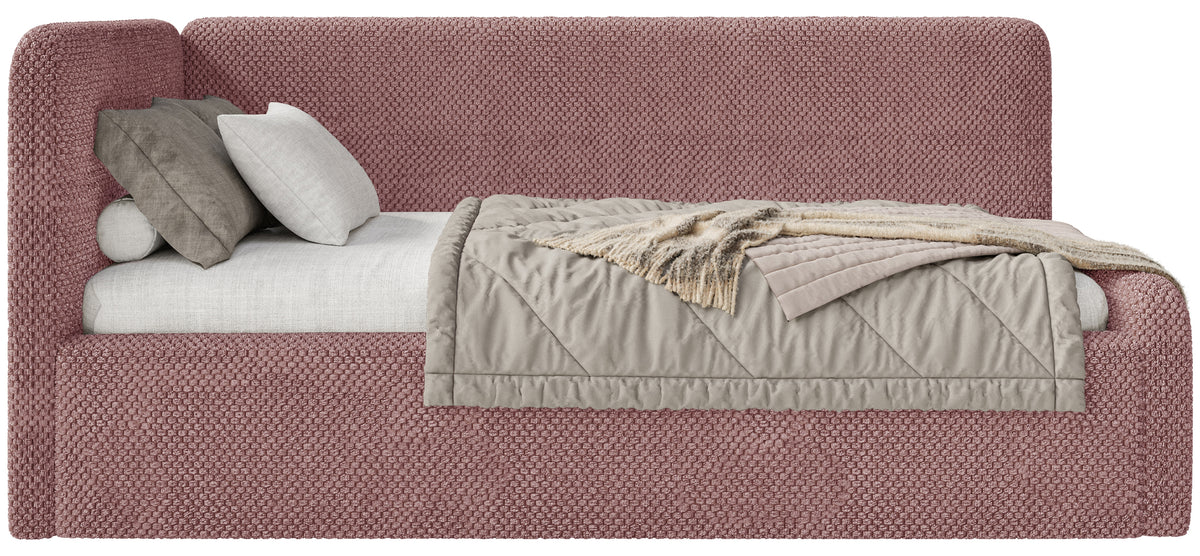 Jugendbett 90x200 cm Fanklo linksseitig mit Stauraum und Geländern, rosa Plüsch, wasserabweisend