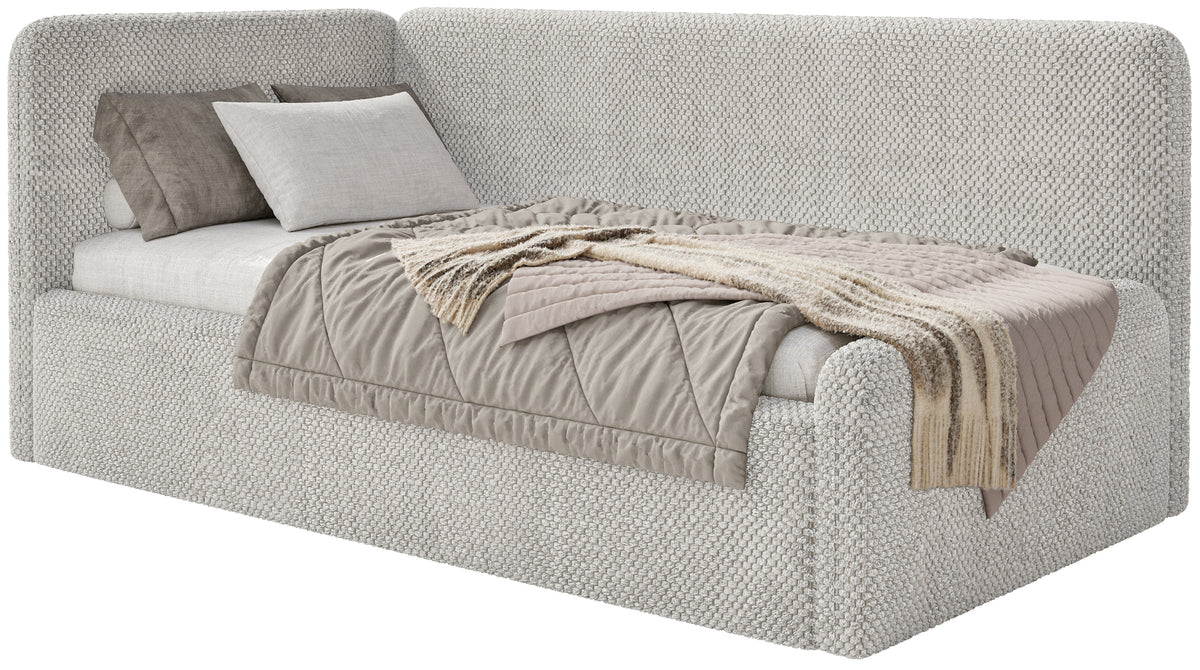 Jugendbett 120x200 cm Fanklo linksseitig mit Stauraum und Geländern, grau-beiges Plüsch, wasserabweisend