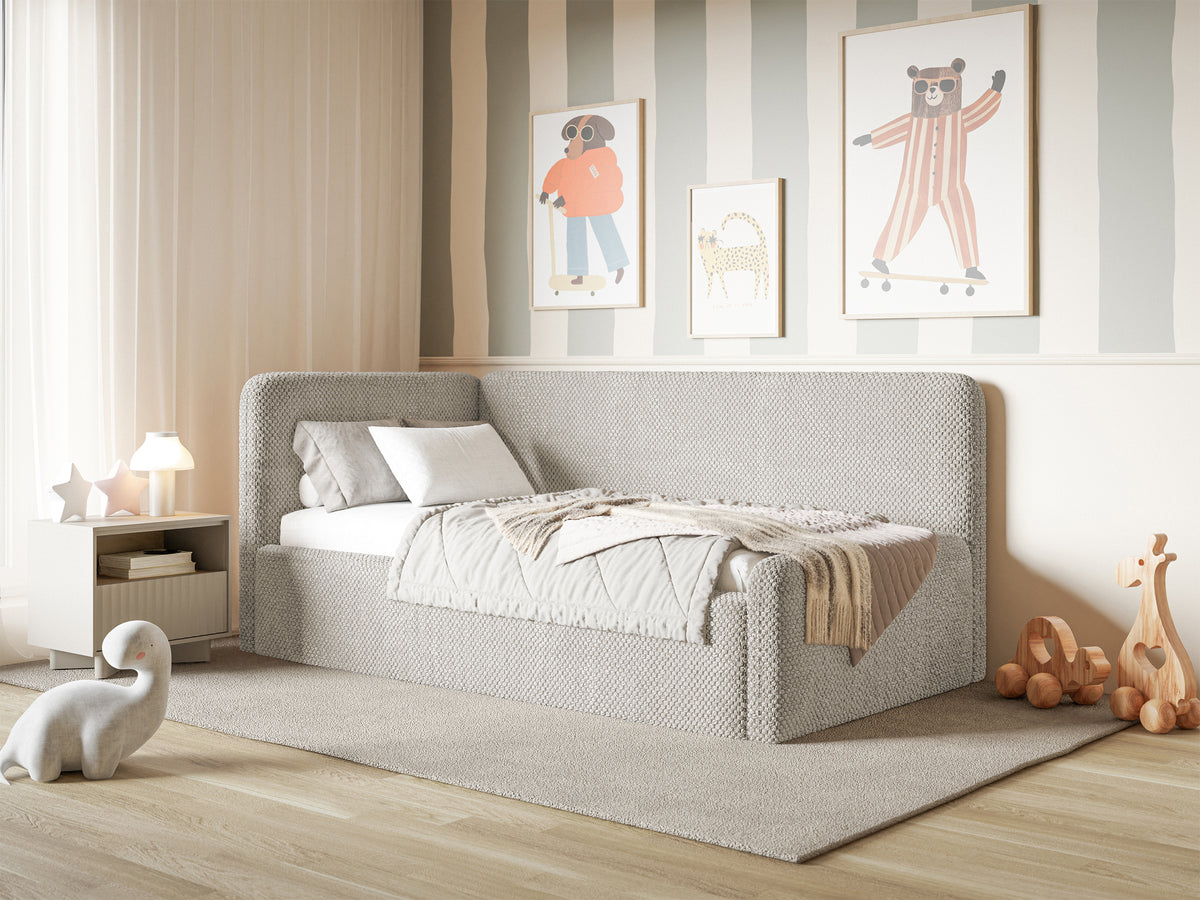 Jugendbett 120x200 cm Fanklo linksseitig mit Stauraum und Geländern, grau-beiges Plüsch, wasserabweisend