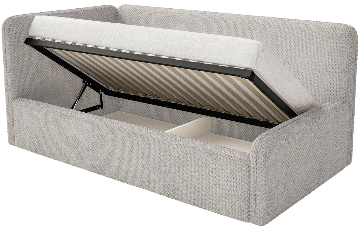 Jugendbett 90x200 cm Fanklo linksseitig mit Matratze, Stauraum und Geländern, grau-beige Plüsch, wasserabweisend