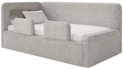 Jugendbett 120x200 cm Fanklo linksseitig mit Stauraum und Geländern, grau-beiges Plüsch, wasserabweisend