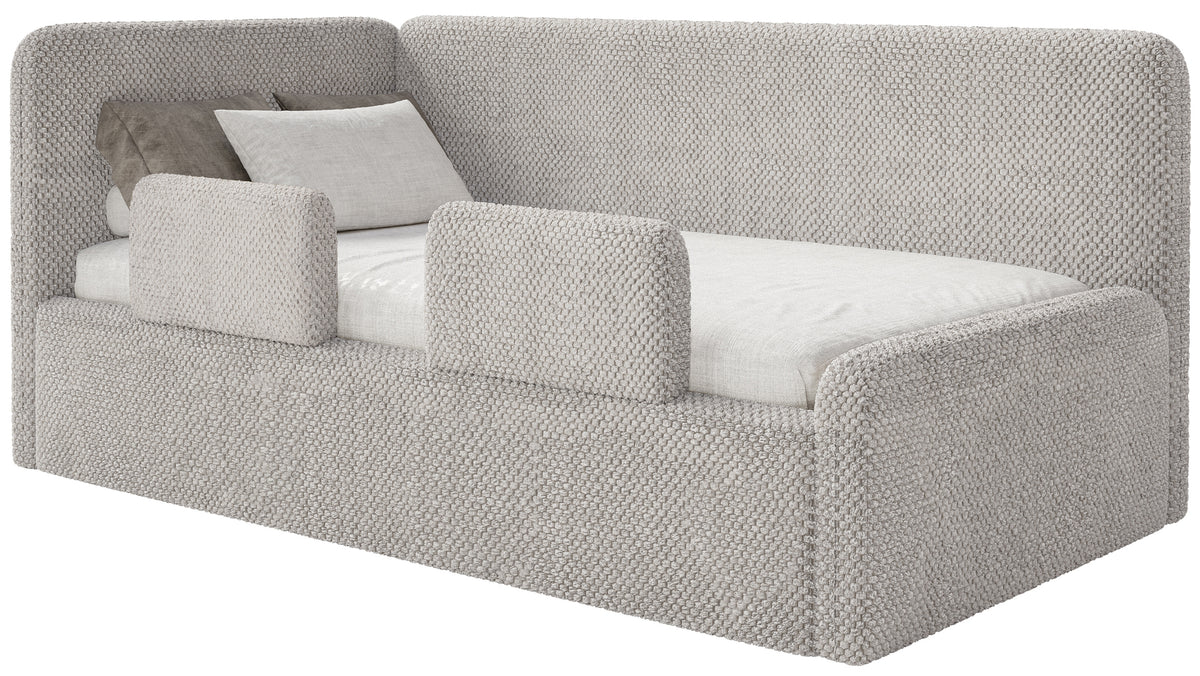 Jugendbett 120x200 cm Fanklo linksseitig mit Stauraum und Geländern, grau-beiges Plüsch, wasserabweisend