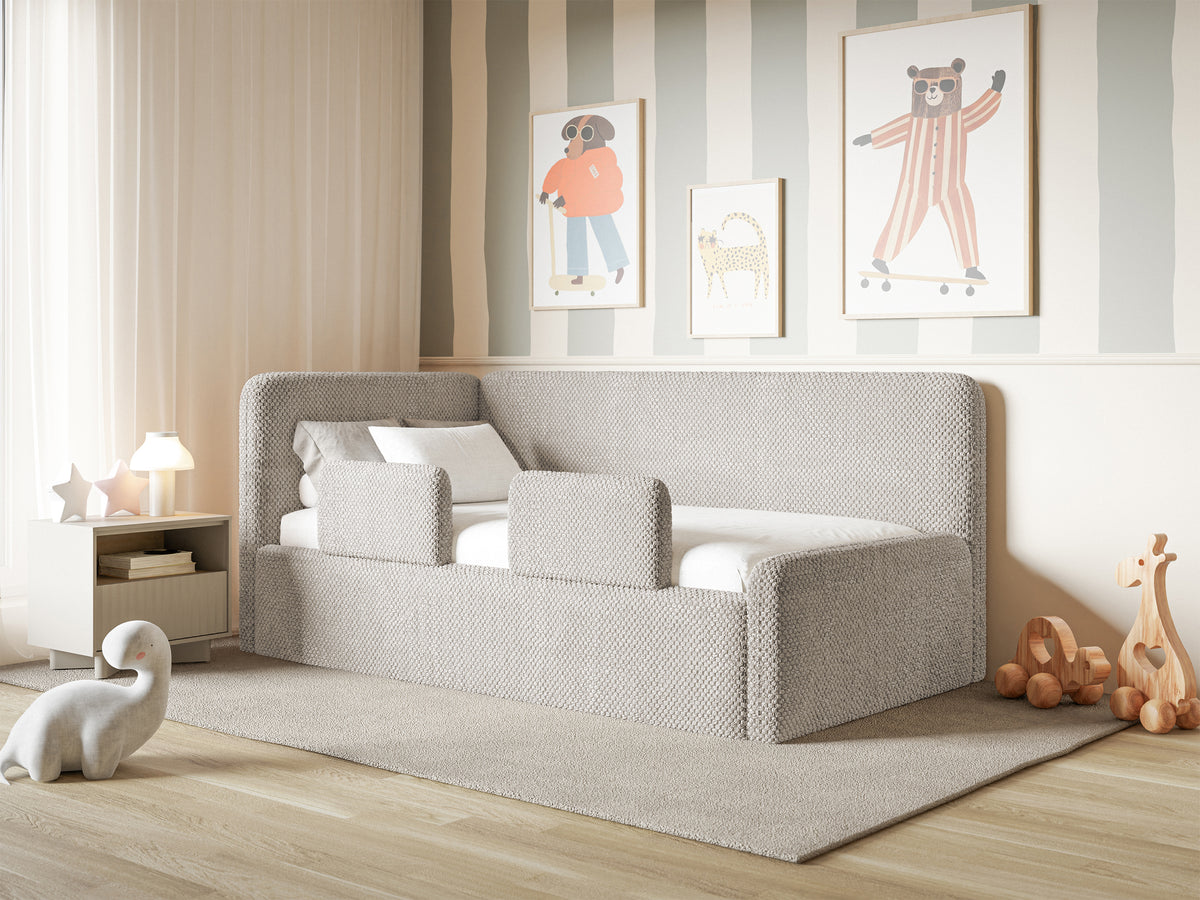 Jugendbett 90x200 cm Fanklo linksseitig mit Matratze, Stauraum und Geländern, grau-beige Plüsch, wasserabweisend