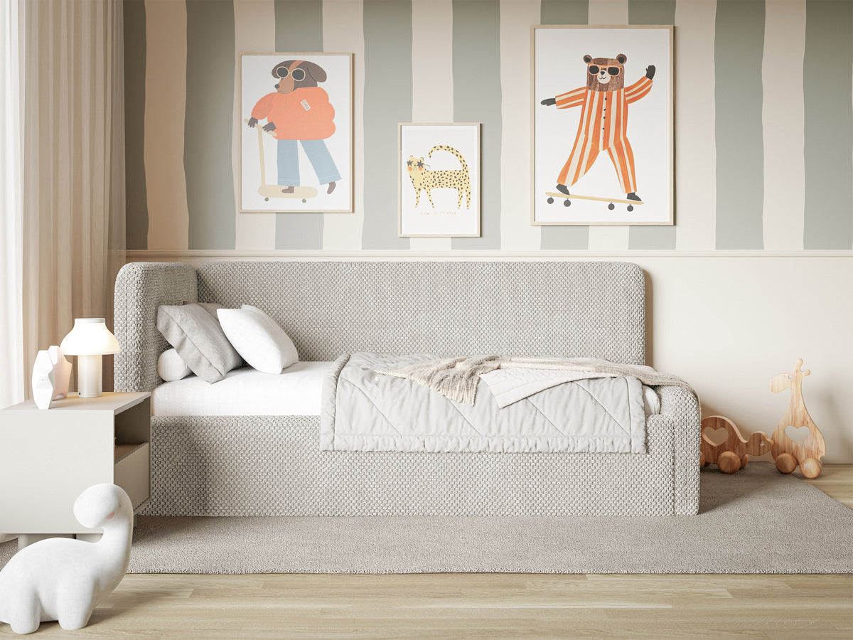 Jugendbett 90x200 cm Fanklo linksseitig mit Matratze, Stauraum und Geländern, grau-beige Plüsch, wasserabweisend