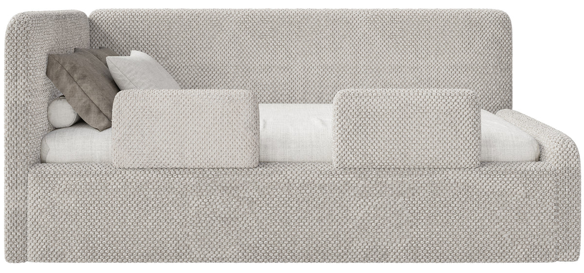 Jugendbett 120x200 cm Fanklo linksseitig mit Stauraum und Geländern, grau-beiges Plüsch, wasserabweisend