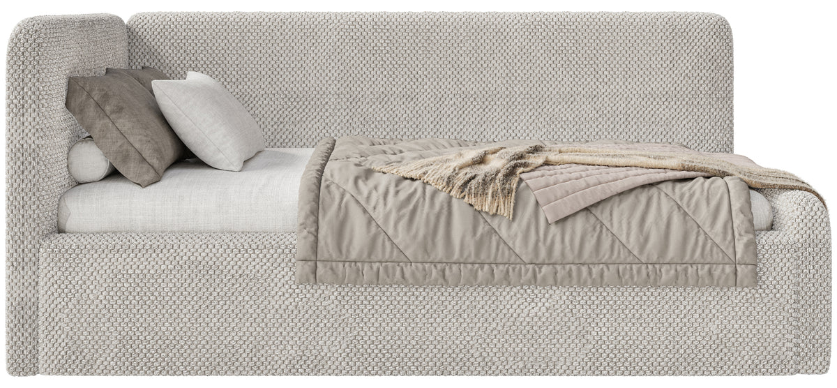 Jugendbett 90x200 cm Fanklo linksseitig mit Matratze, Stauraum und Geländern, grau-beige Plüsch, wasserabweisend