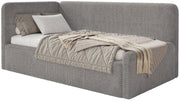 Jugendbett 90x200 cm Fanklo linksseitig mit Stauraum, graubraunes Plüsch, wasserabweisend