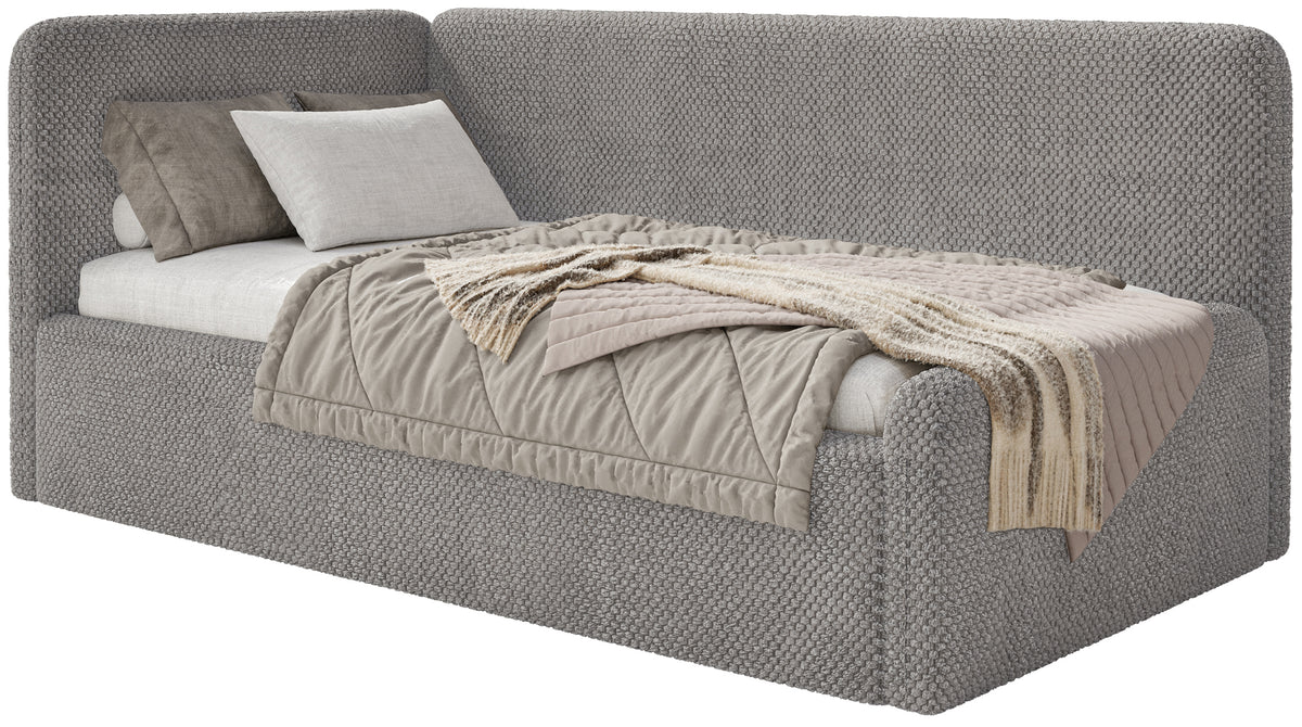 Jugendbett 120x200 cm Fanklo linksseitig mit Stauraum und Schutzgittern, graubrauner hydrophober Plüsch